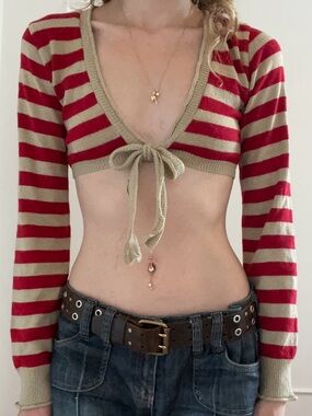 Striped Red and gold Tie-Front Crop Top